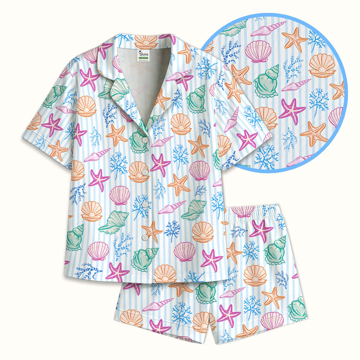 Colorful Seashell Starfish Ocean Stripe Pajama Set