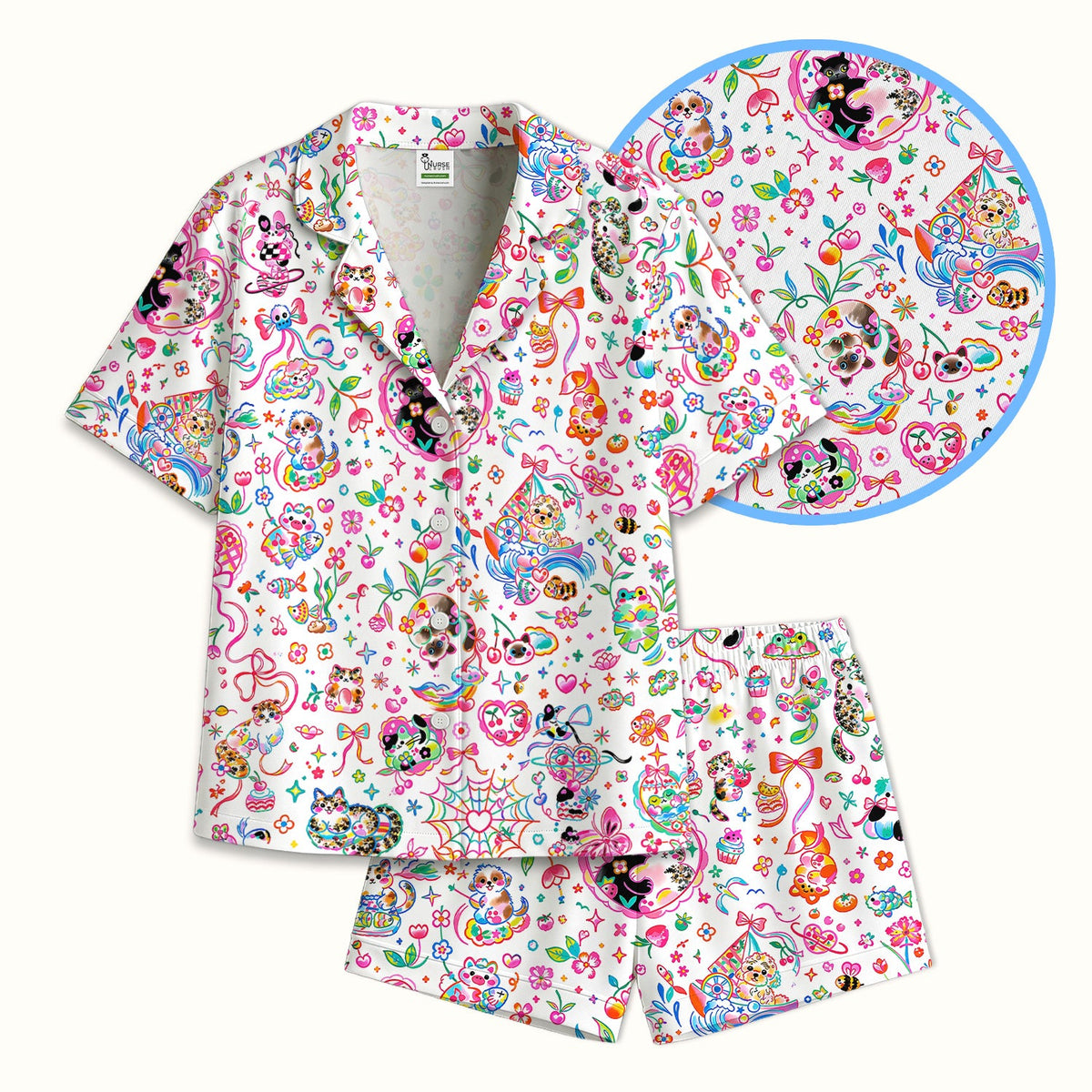 Colorful Kawaii Cat Heart Doodle Pajama Set