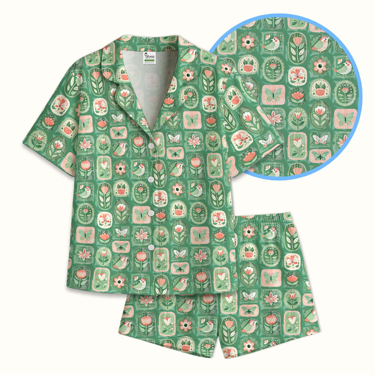 Folk Art Floral Bird Butterfly Garden Pajama Set
