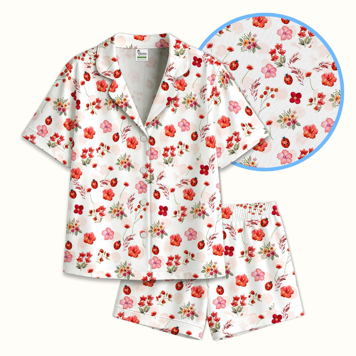 Red Ladybug Floral Garden Pajama Set
