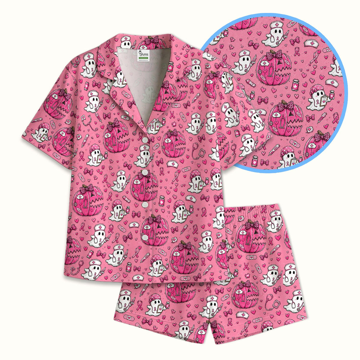 Pink Ribbon Ghost Pattern Pajama Set