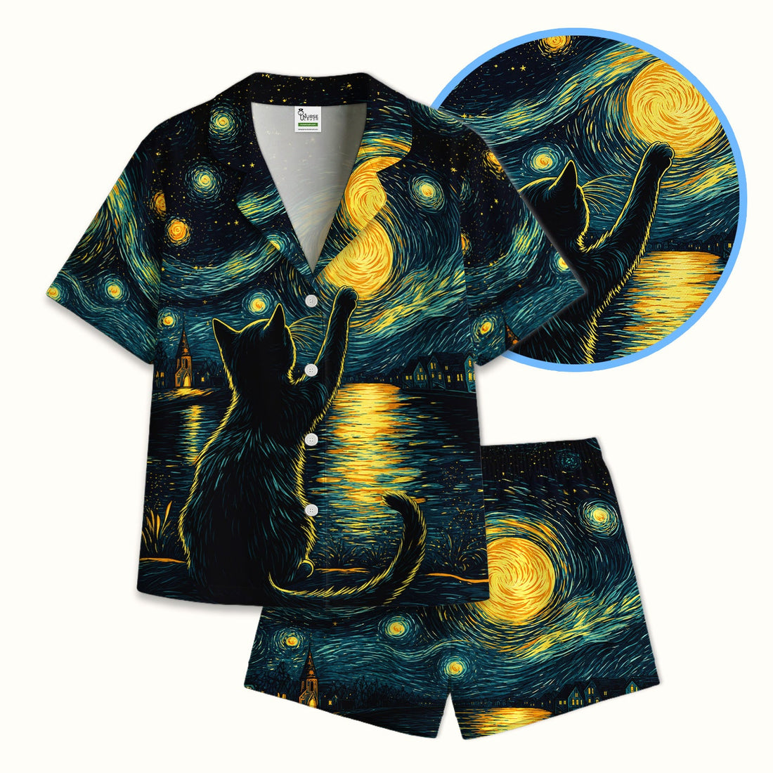 Starry Moonlit Black Cat Pajama Set
