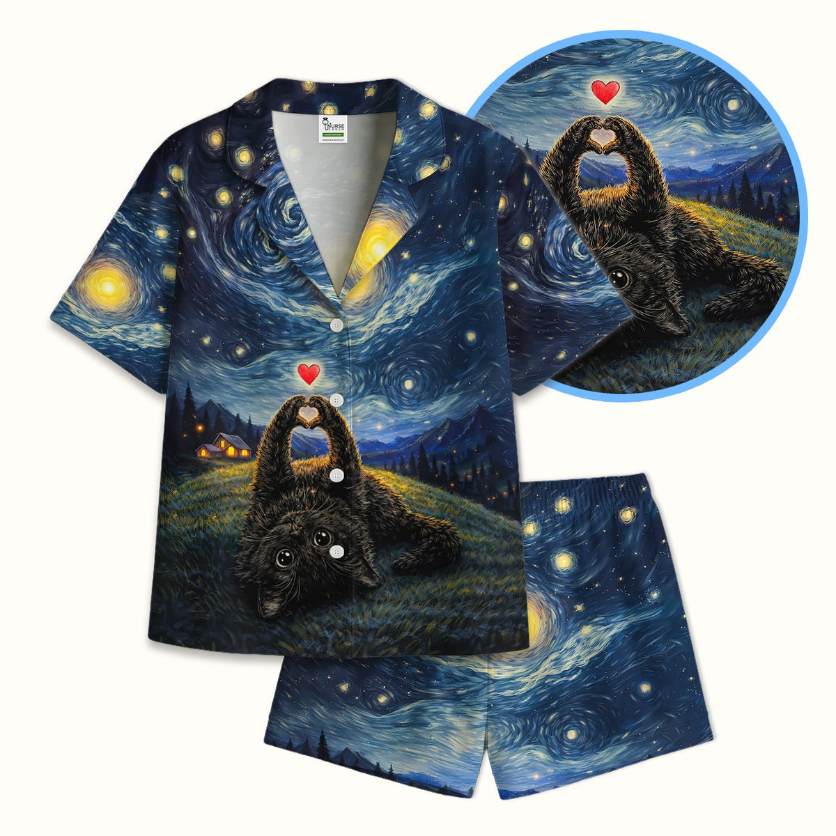 Starry Night Black Cat Heart Pajama Set