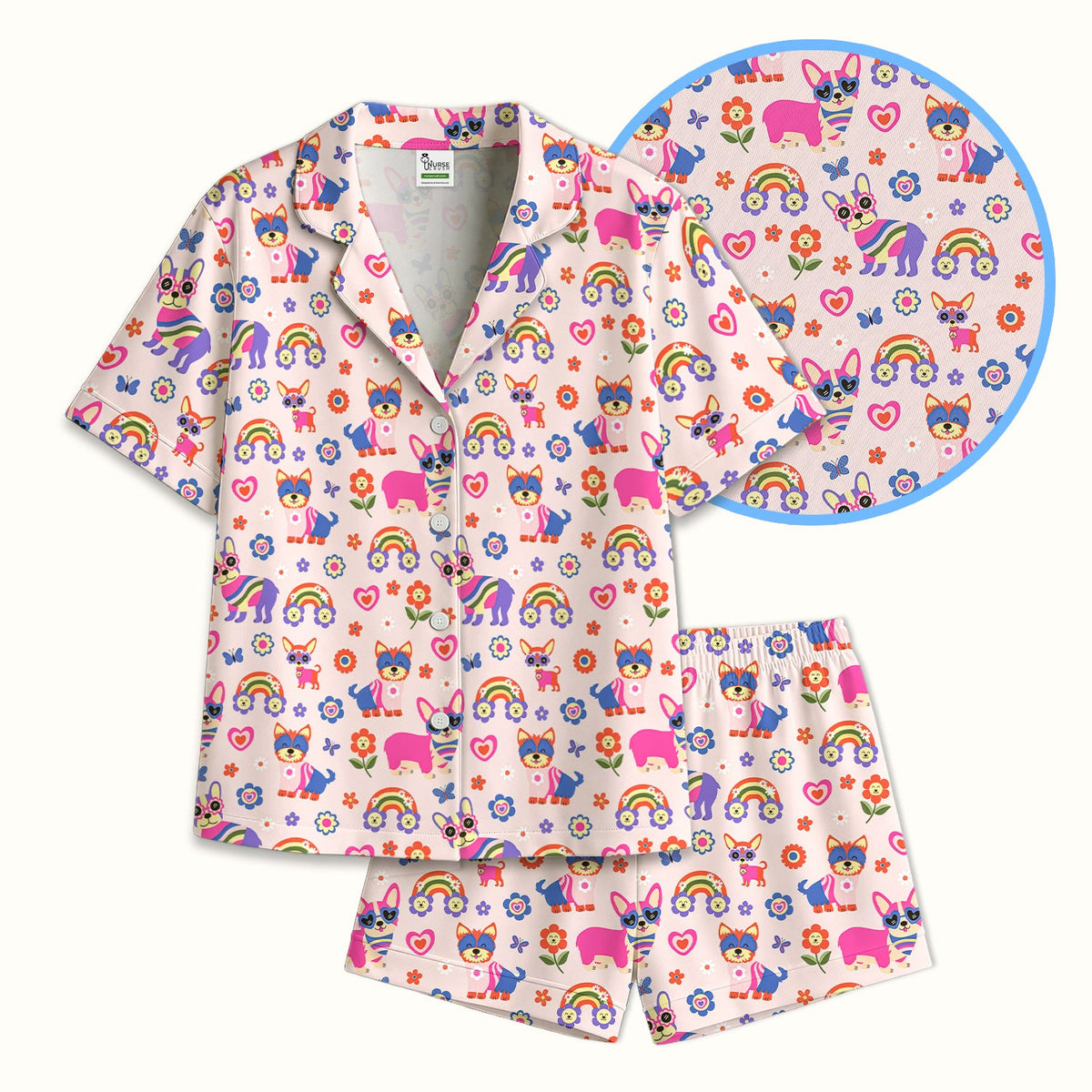 Colorful Cartoon Dogs Rainbow Flowers Pajama Set