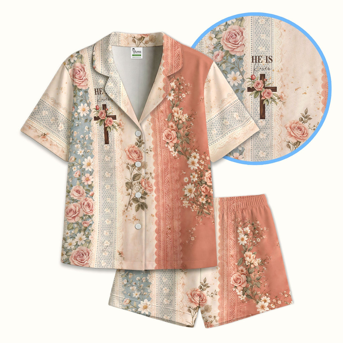 Christian Cross Rose He Is Risen Pajama Set