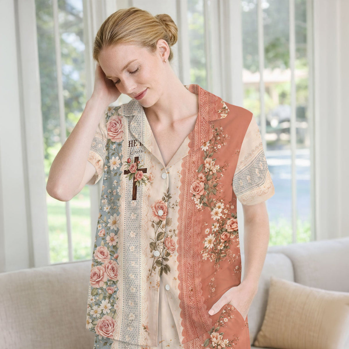 Christian Cross Rose He Is Risen Pajama Set