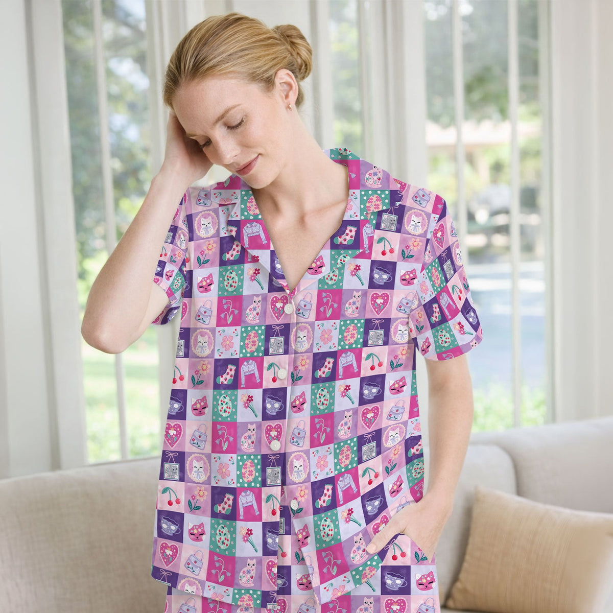 Pastel Cat Patchwork Kawaii Nurse Pajama Set