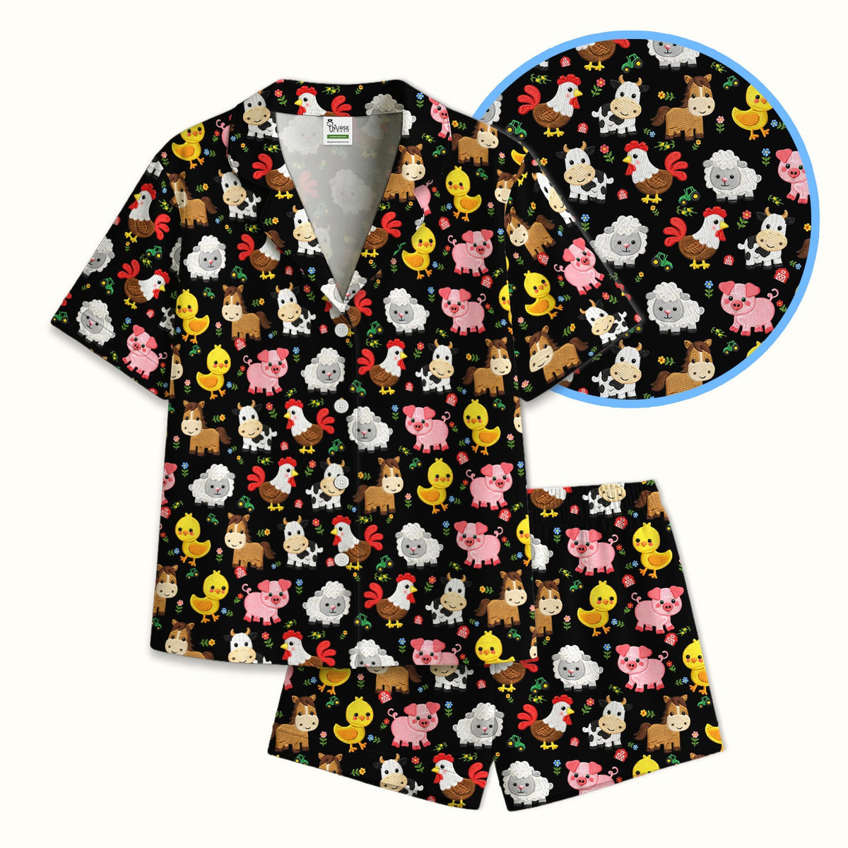 Cartoon Farm Animal Nurse Pajama Set