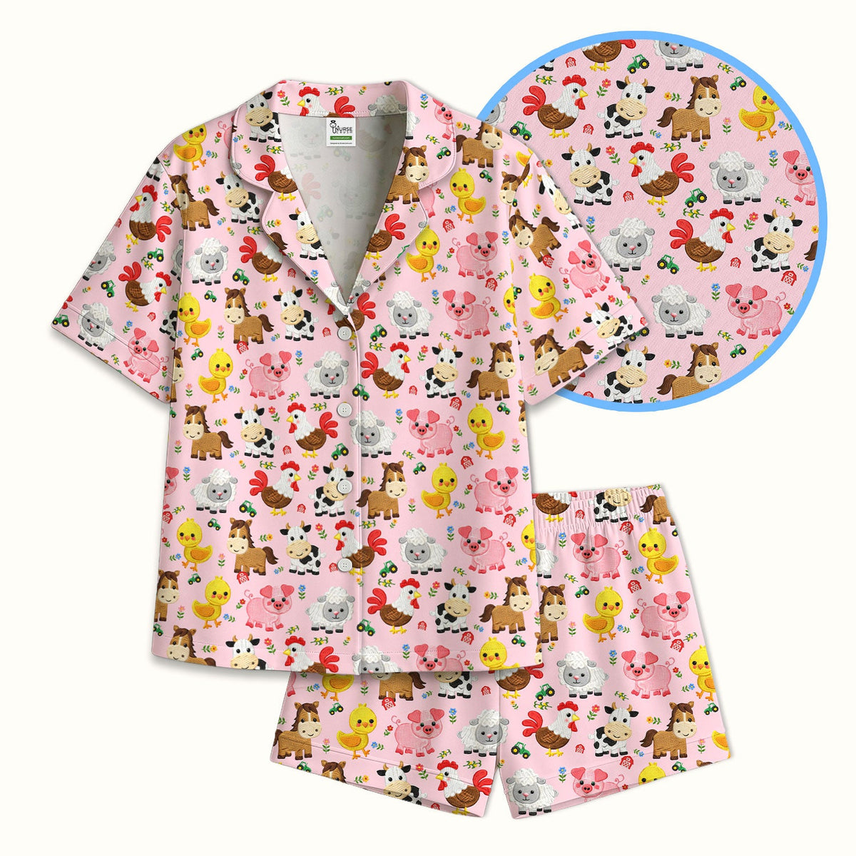 Cartoon Farm Animal Nurse Pajama Set
