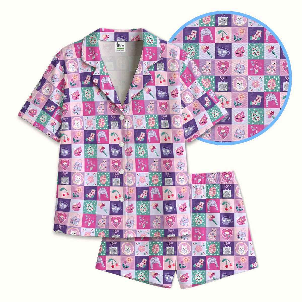 Pastel Cat Patchwork Kawaii Nurse Pajama Set