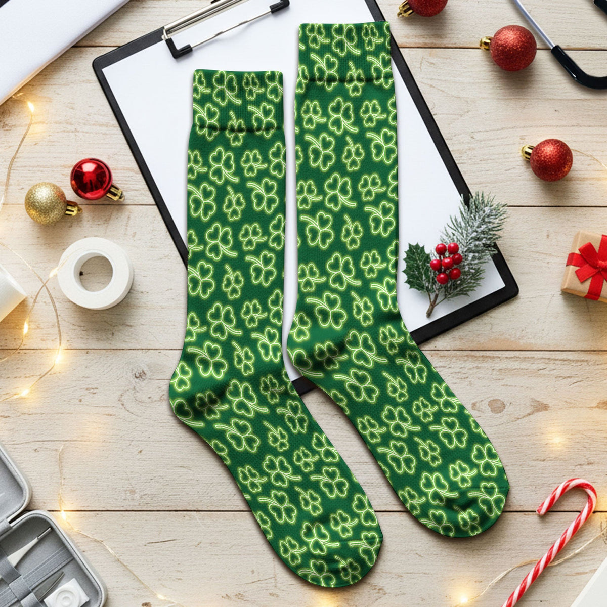 Neon Shamrock Glow Green Nurse Socks - St Patricks Day Gift