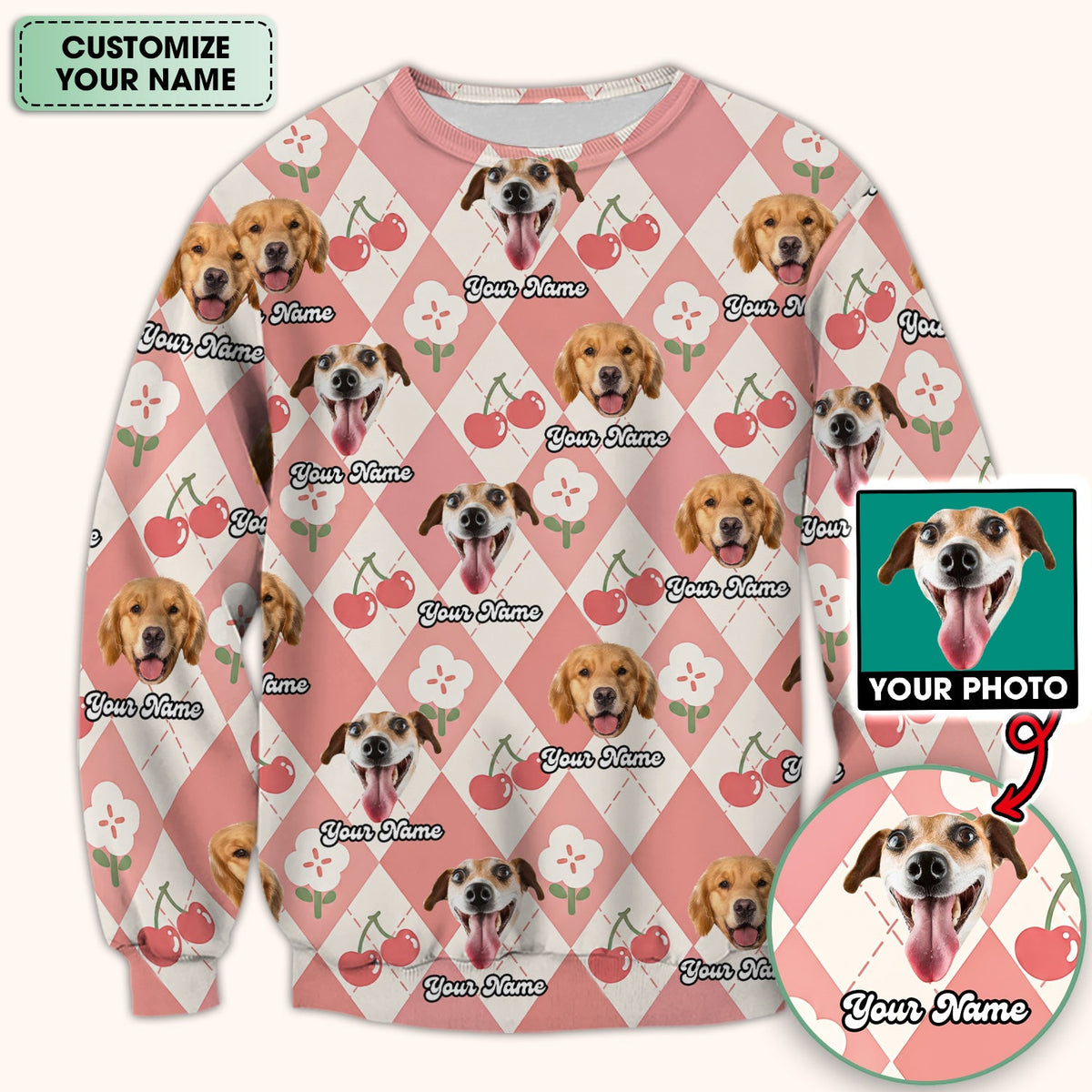 Dog Face Cherry Argyle Nurse Scrub Top