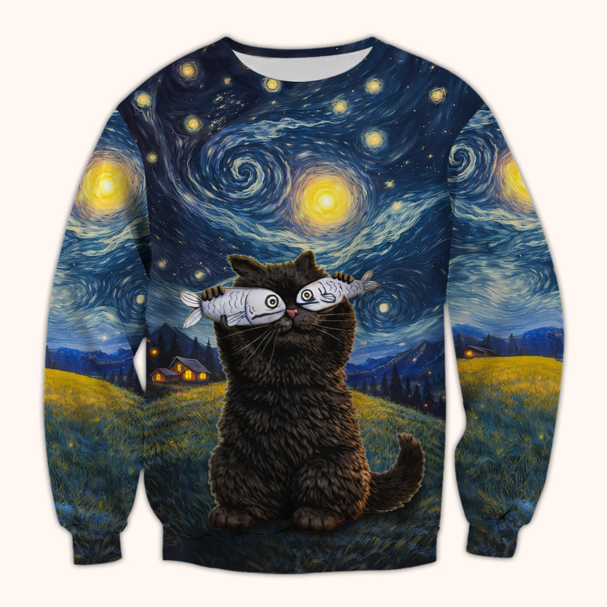 Starry Night Cat Art Print V Neck Nursing Scrub Top, for Cat Lover Nurses