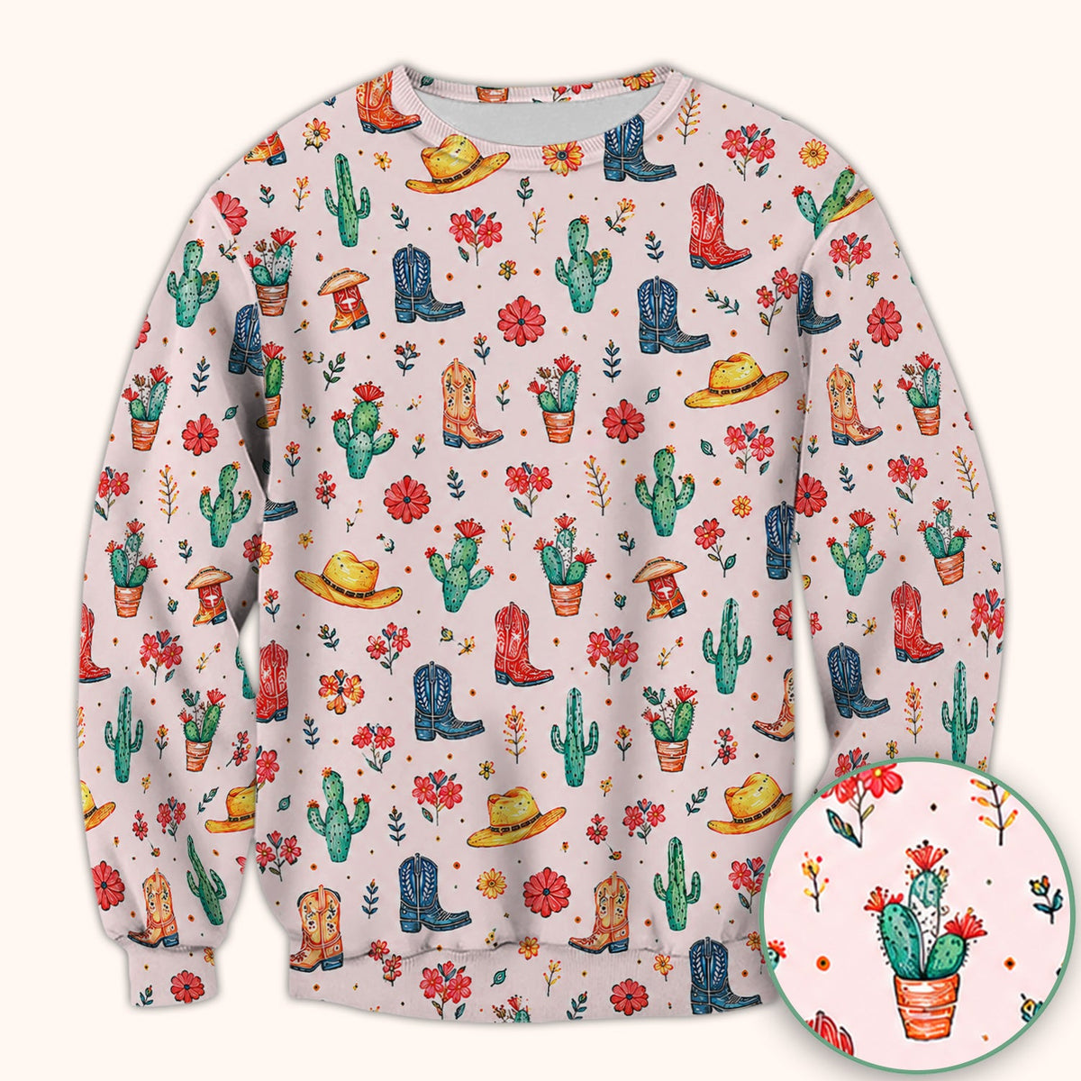 Whimsical Western Cactus Boots Pattern Scrub Top, Breathable Fabrics Nursing Uniform
