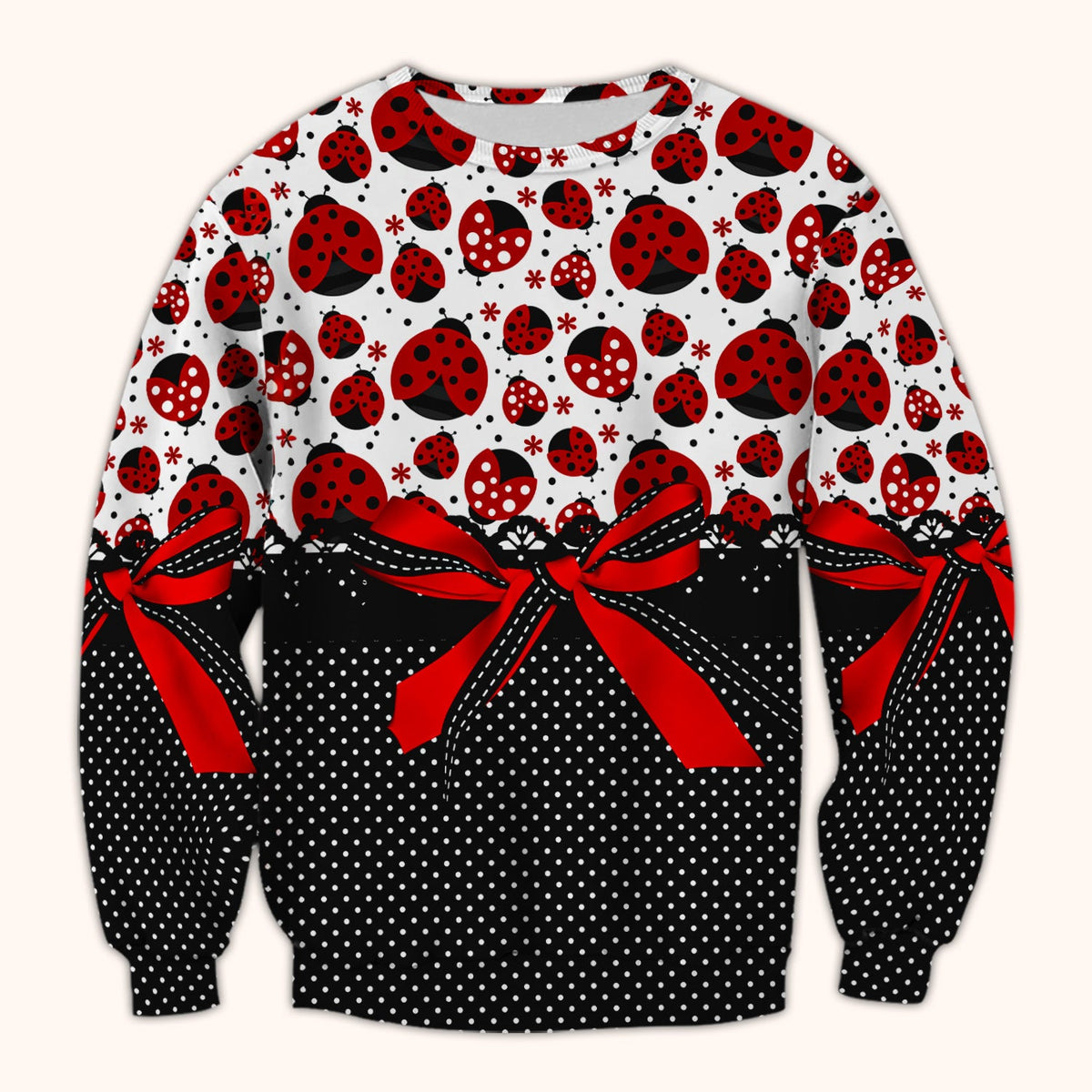 Cute Ladybug Red Ribbon Polka Pattern Scrub Top, Breathable Fabrics Nursing Uniform