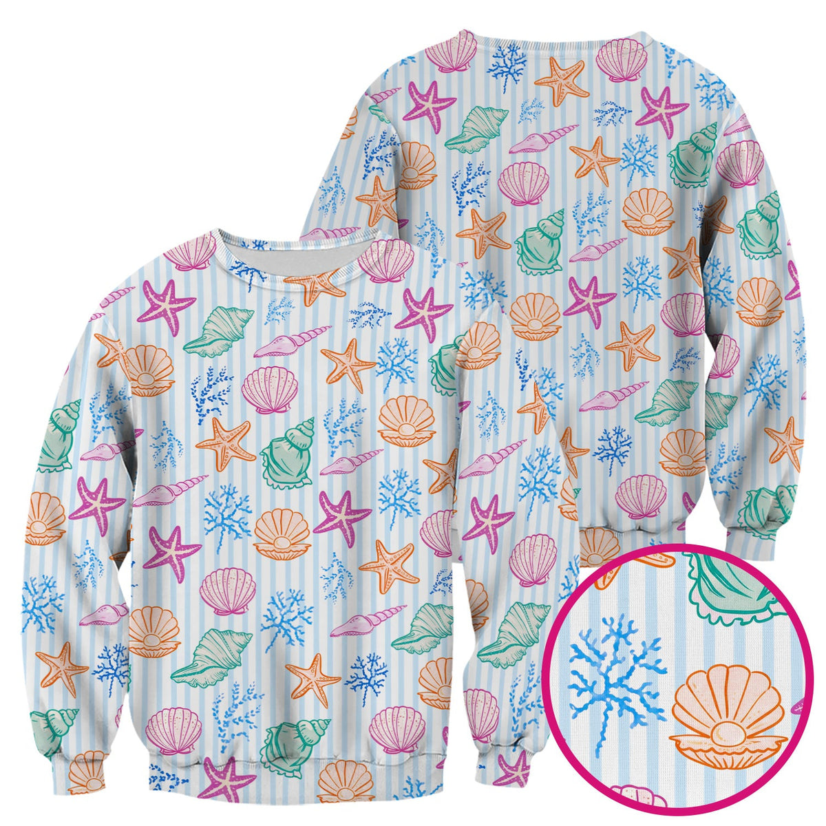 Colorful Seashell Starfish Ocean Stripe Nurse Scrub Top