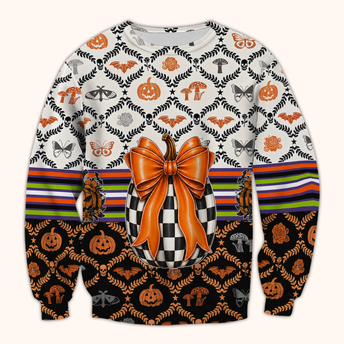 Checkered Pumpkin Bow Nurse Scrub Top - Halloween Gift
