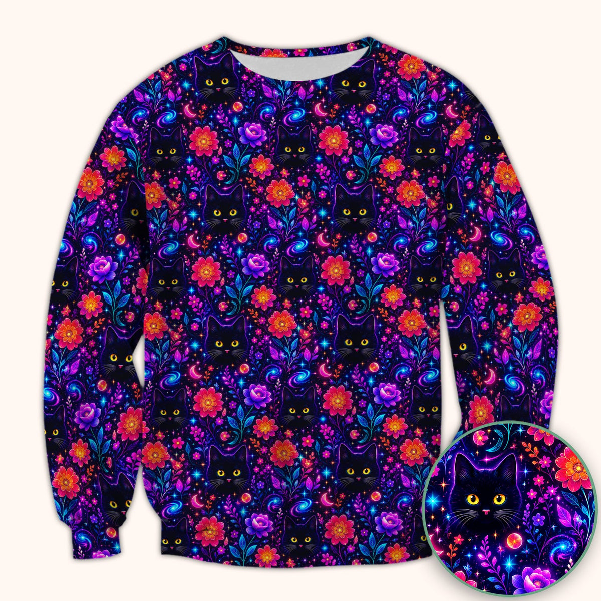 Galaxy Black Cat Floral Nurse Scrub Top