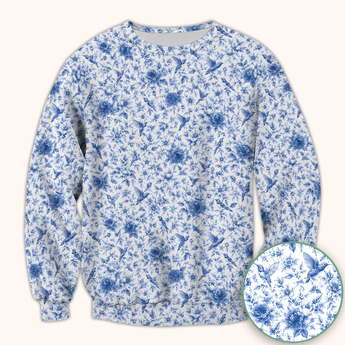 Blue Floral Hummingbird Toile Nurse Scrub Top