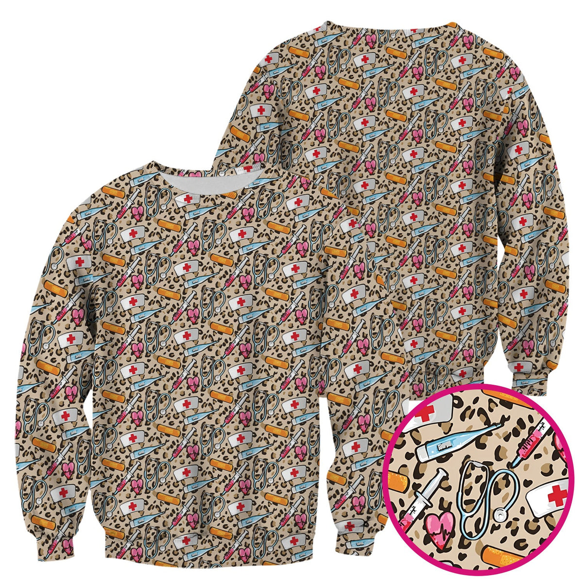 Leopard Medical Tools Pink Heart Nurse Scrub Top