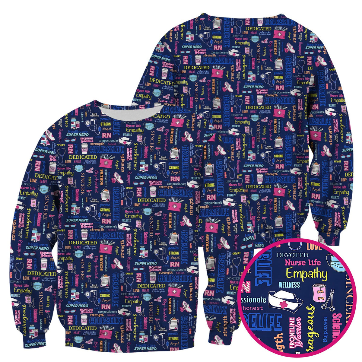 Colorful Nurse Life Typography Print Scrub Top, Breathable Fabrics Nursing Uniform