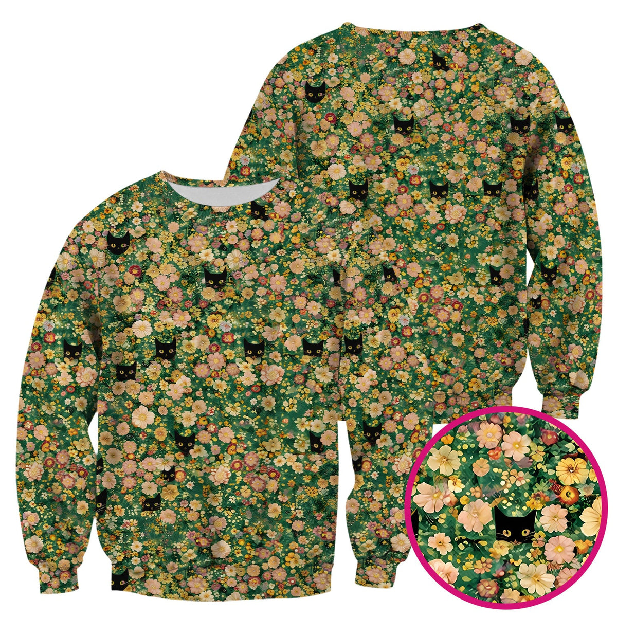 Cute Black Cat Floral Garden Nurse Scrub Top