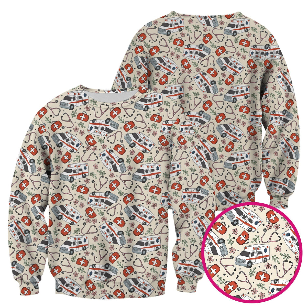 Ambulance Stethoscope First Aid Floral Nurse Scrub Top