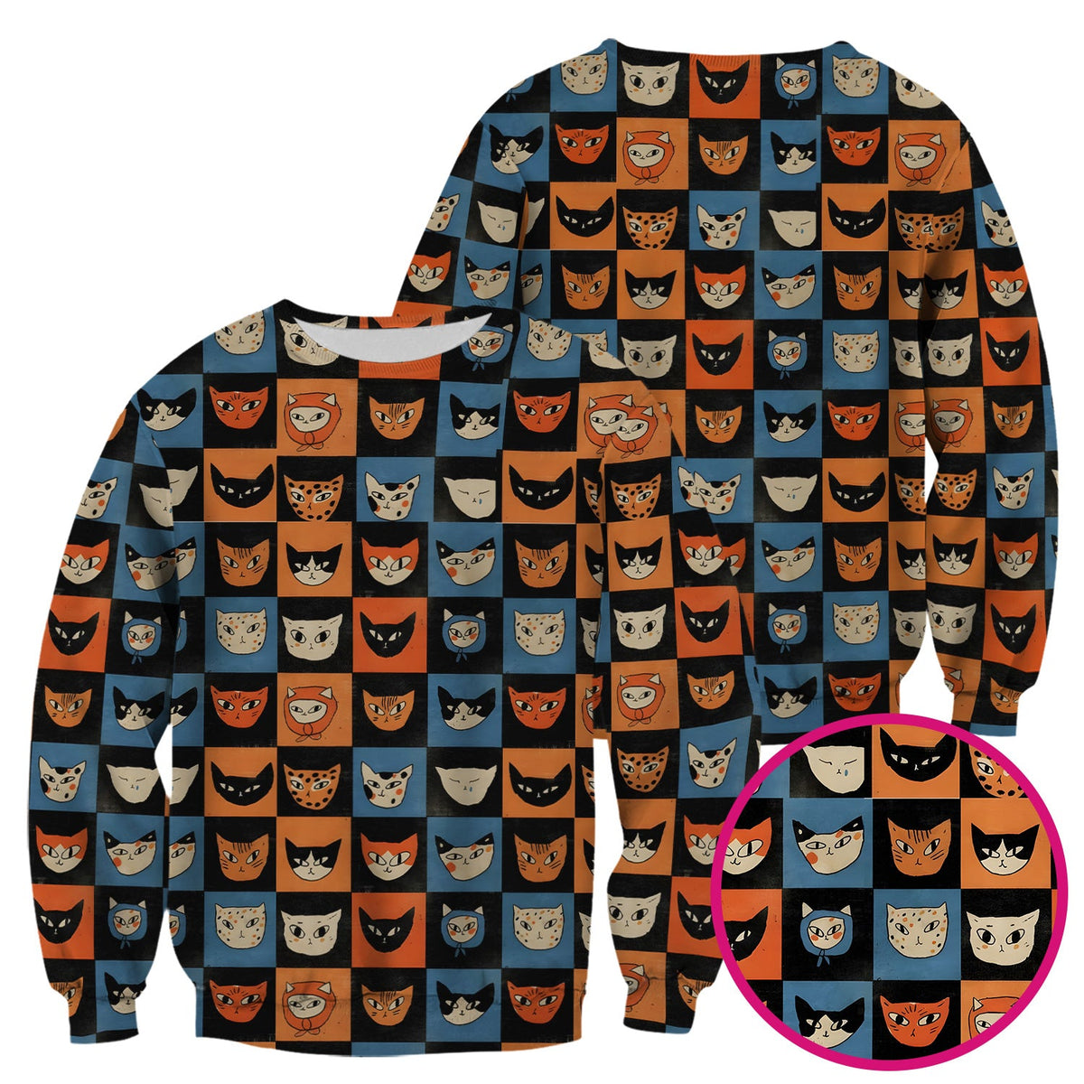 Cute Retro Cat Faces Checkerboard Print Scrub Top, Comfortable Scrubs For Nurses