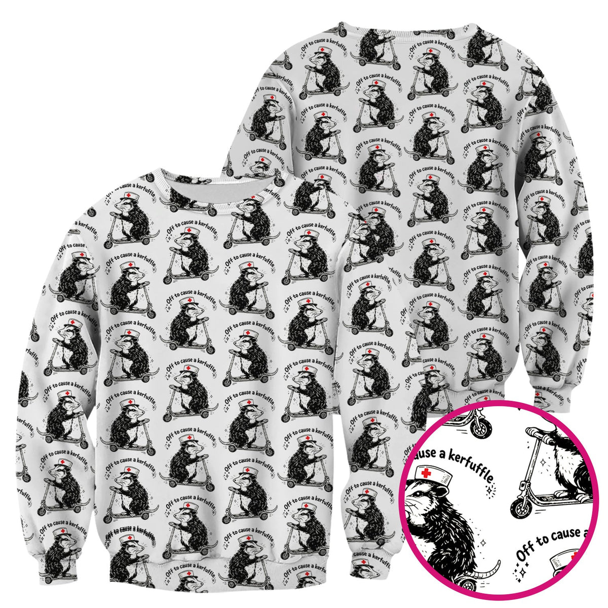 Funny Opossum Nurse Riding Scooter Pattern Scrubs Top, Breathable Fabrics Nursing Uniform