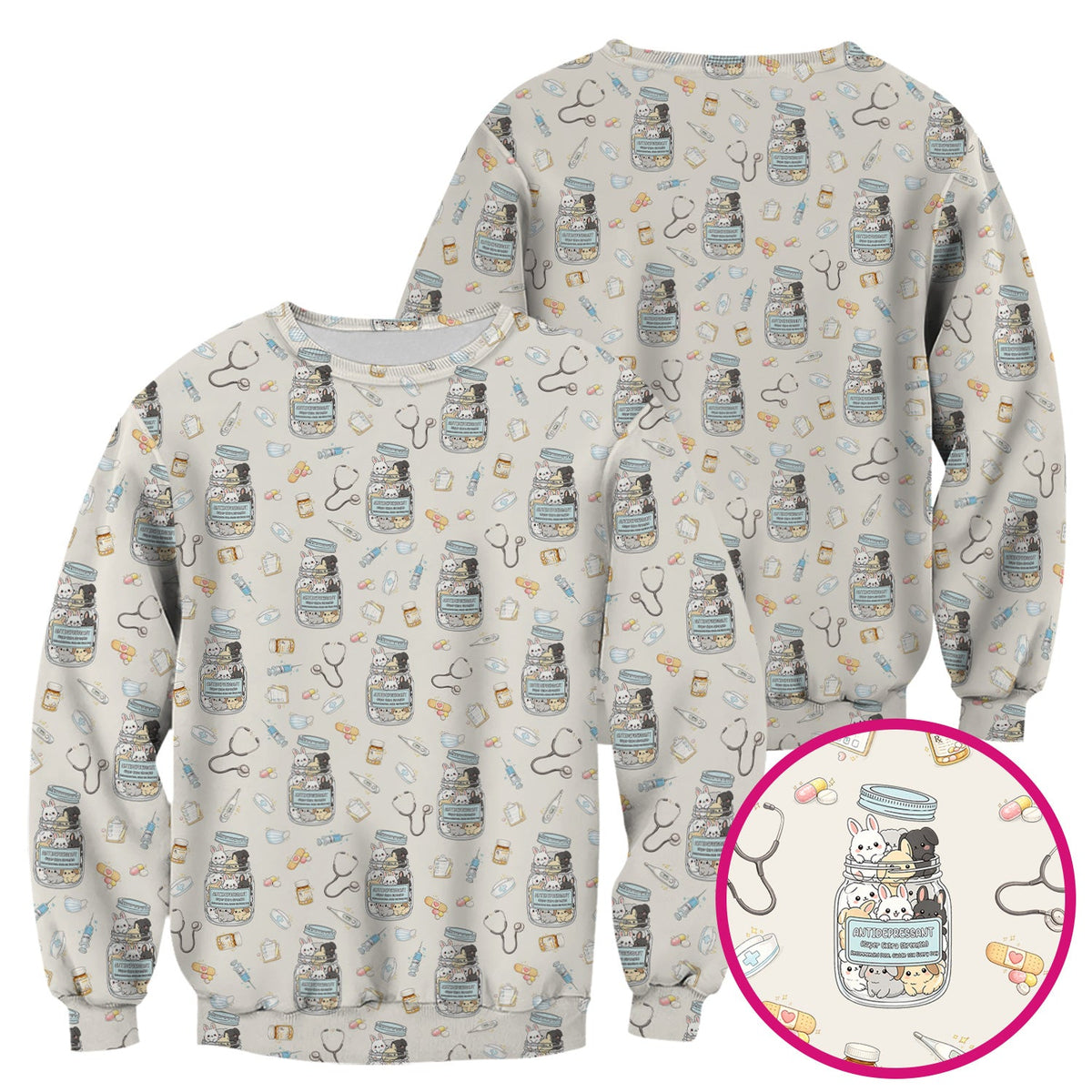 Whimsical Antidepressant Rabbit Jar Nurse Scrub Top