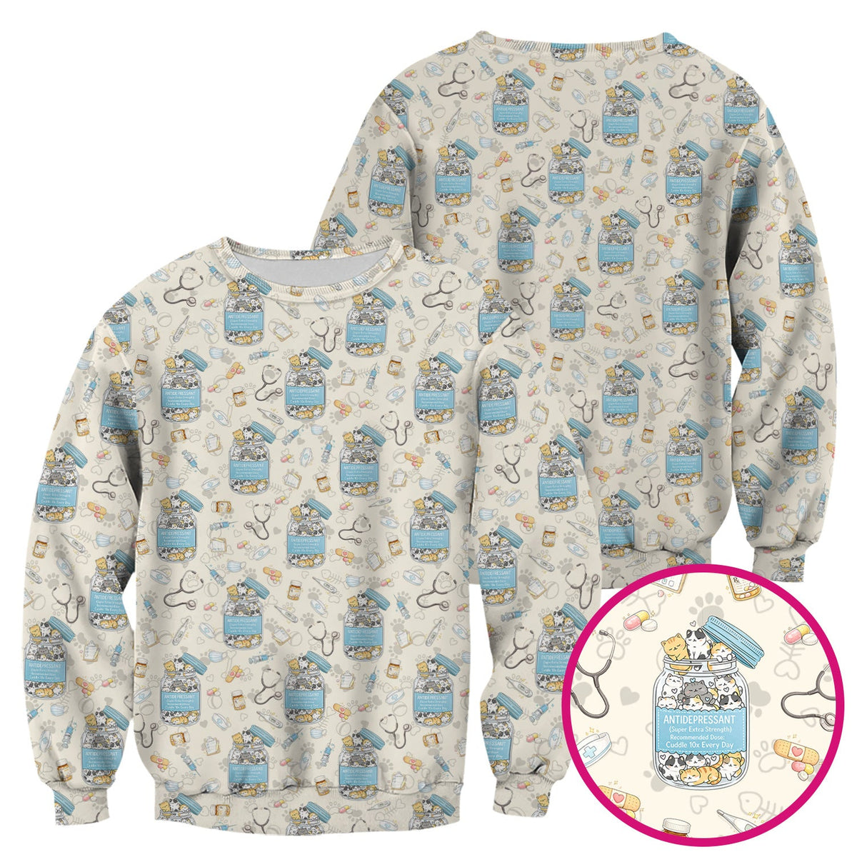 Cute Antidepressant Cat Jar Print Nurse Scrub Top, Breathable Fabrics Nursing Uniform
