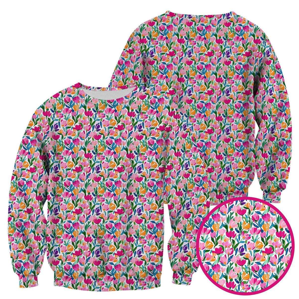 Vibrant Tulip Meadow Pattern Scrub Top, Breathable Fabrics Nursing Uniform