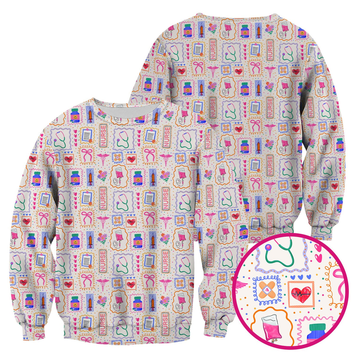 Colorful Nurse Medical Icon Pattern Scrub Top, Comfortable Scrubs for Nurses