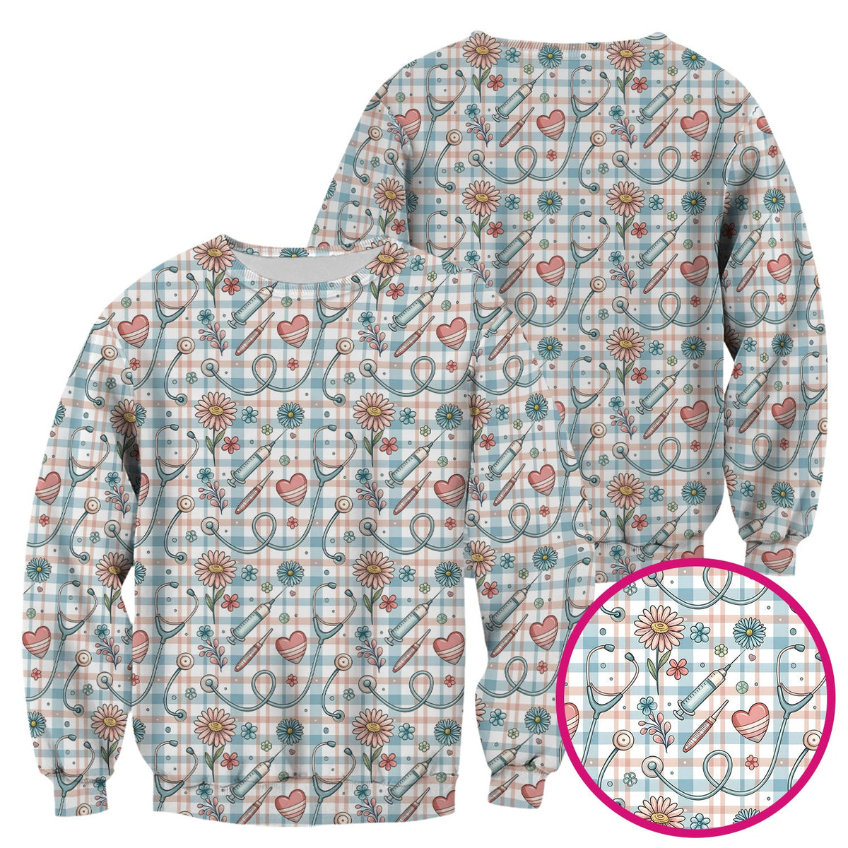 Stethoscope Heart Syringe Floral Plaid Nurse Scrub Top