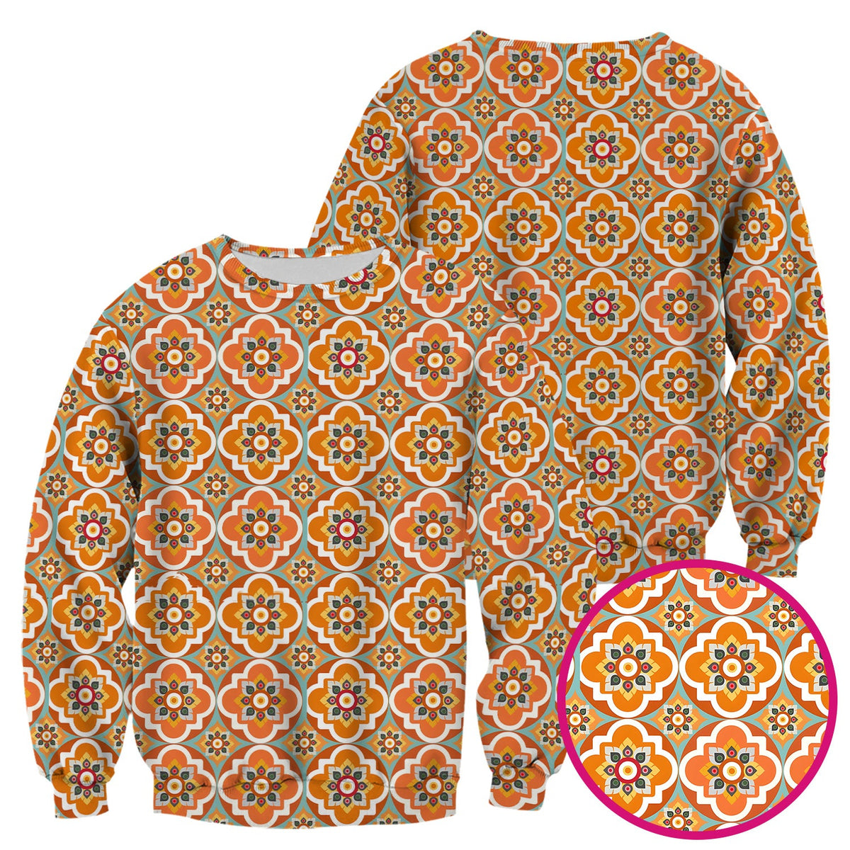Orange Retro Geometric Floral Nurse Scrub Top