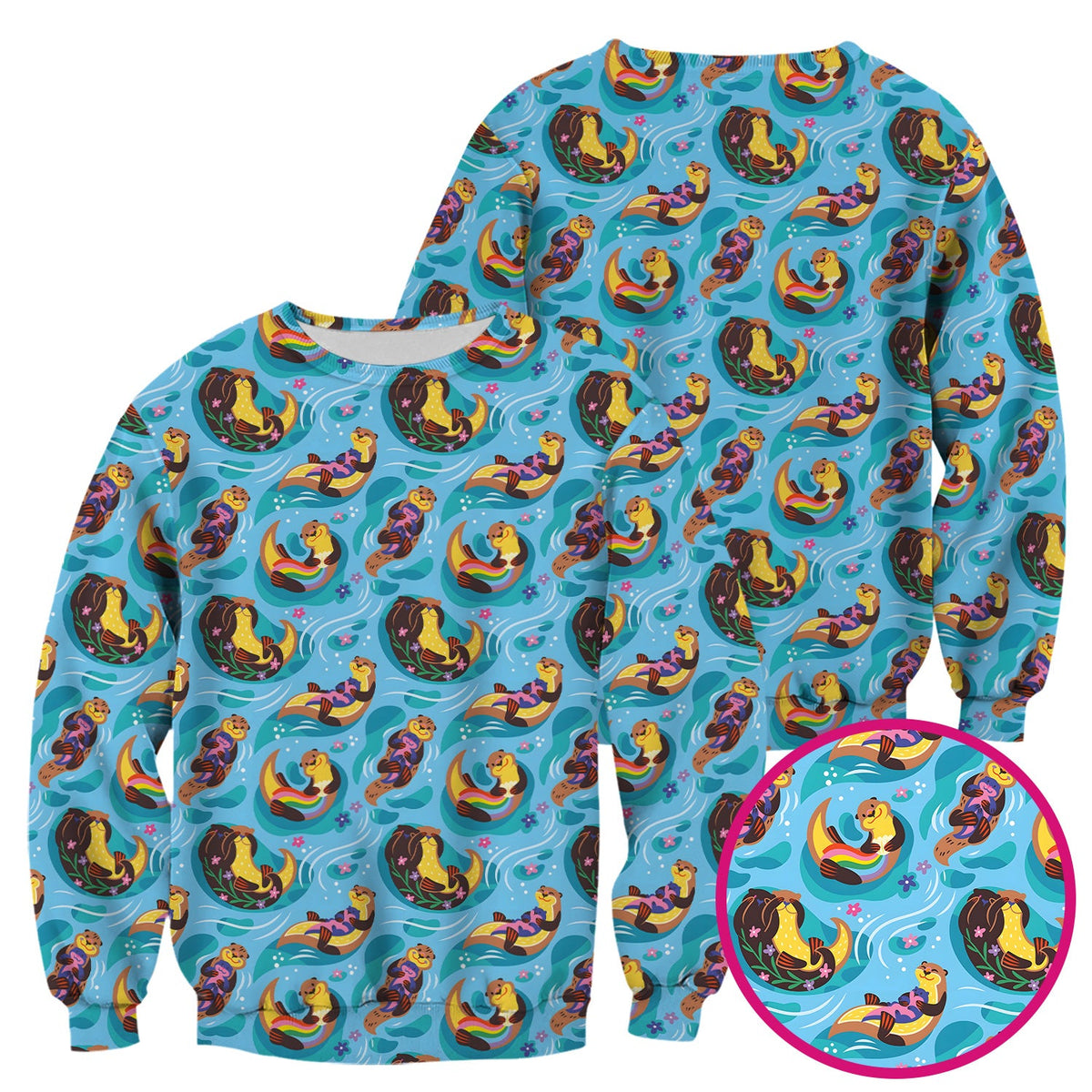 Otter Floating River Rainbow Pattern Scrub Top, Comfortable Scrubs for Nurses