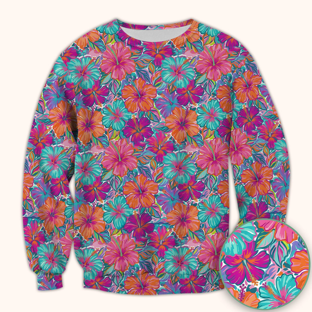 Vibrant Hibiscus Tropical Floral Pattern Scrub Top, Comfortable Scrubs for Nurses