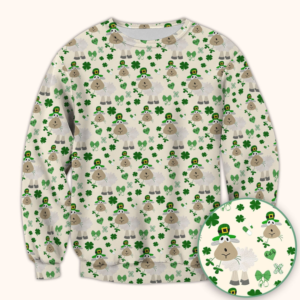 Nurse St. Patrick's Day Scrubs Top, Cute Sheep Shamrock Pattern Nurse Shirt, Breathable Fabrics Nursing Uniform