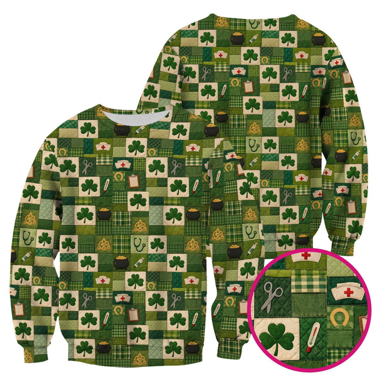 St Patrick Patchwork Shamrock Nurse Scrub Top