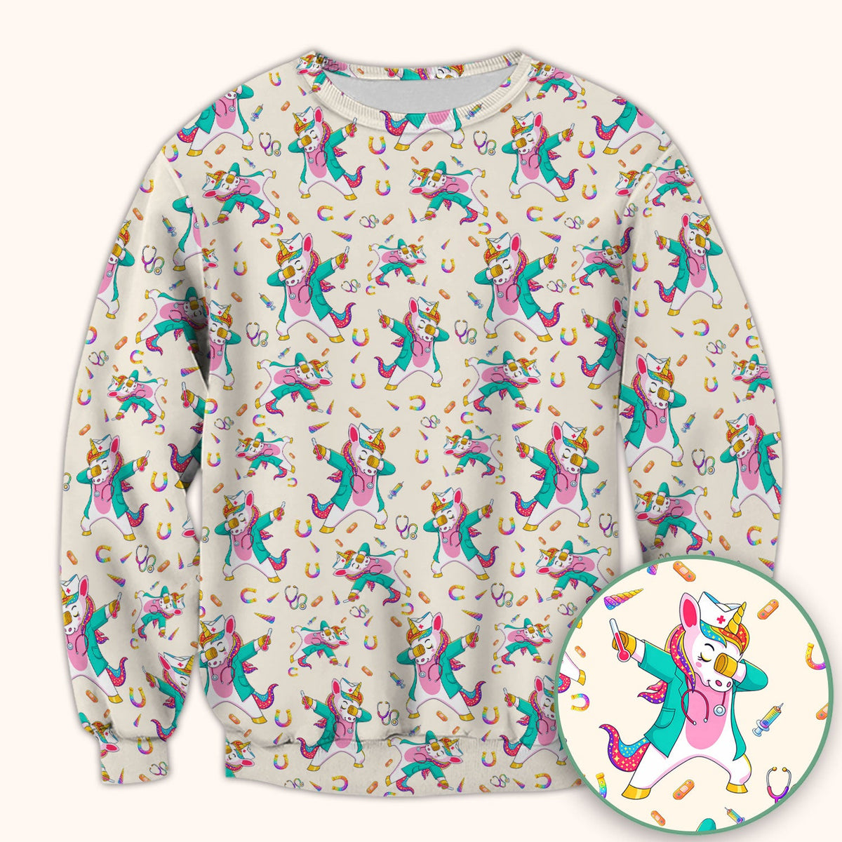 Cute Unicorn Nurse Dance Pattern Scrub Top, Breathable Fabrics Nursing Uniform
