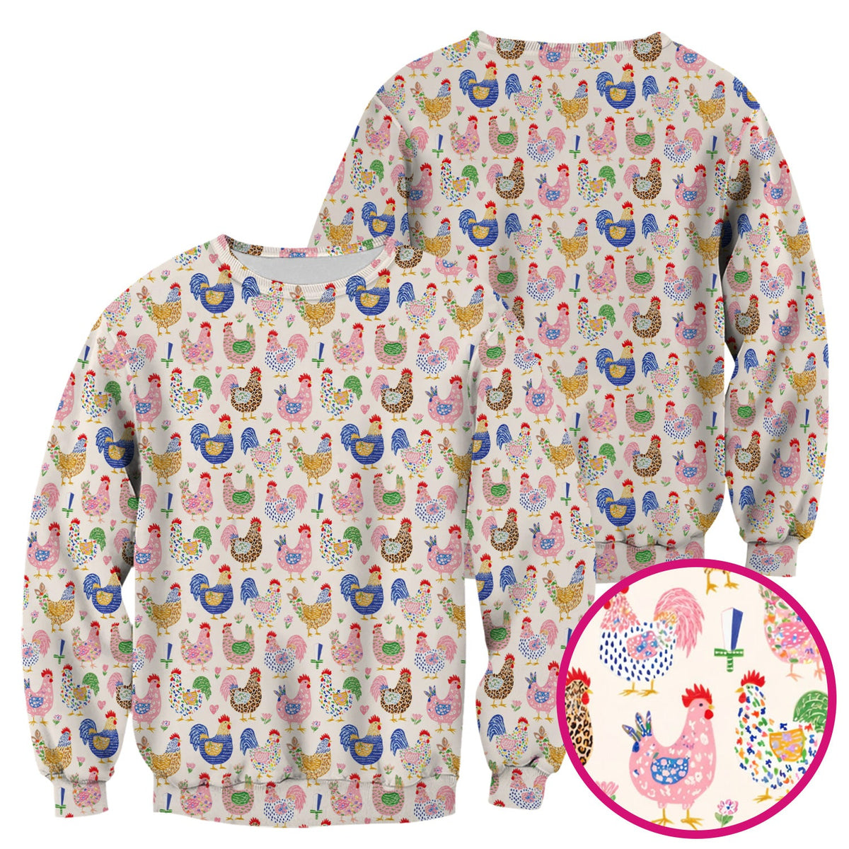 Colorful Chicken Farm Pattern Scrub Top, Breathable Fabrics Nursing Uniform