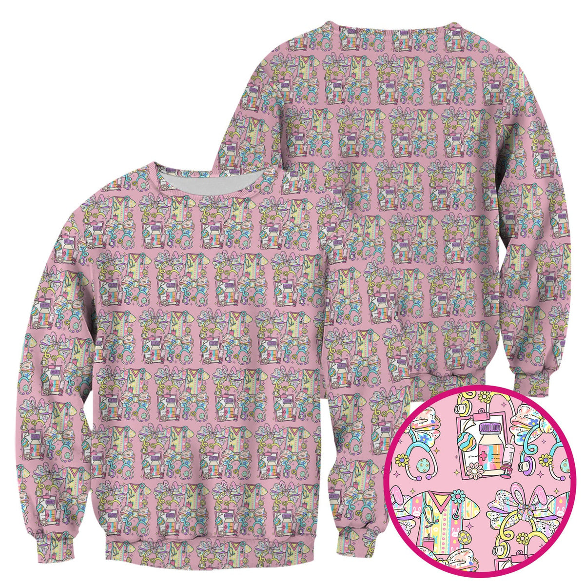Colorful Nurse Scrub Supplies Pattern Scrub Top, Breathable Fabrics Nursing Uniform