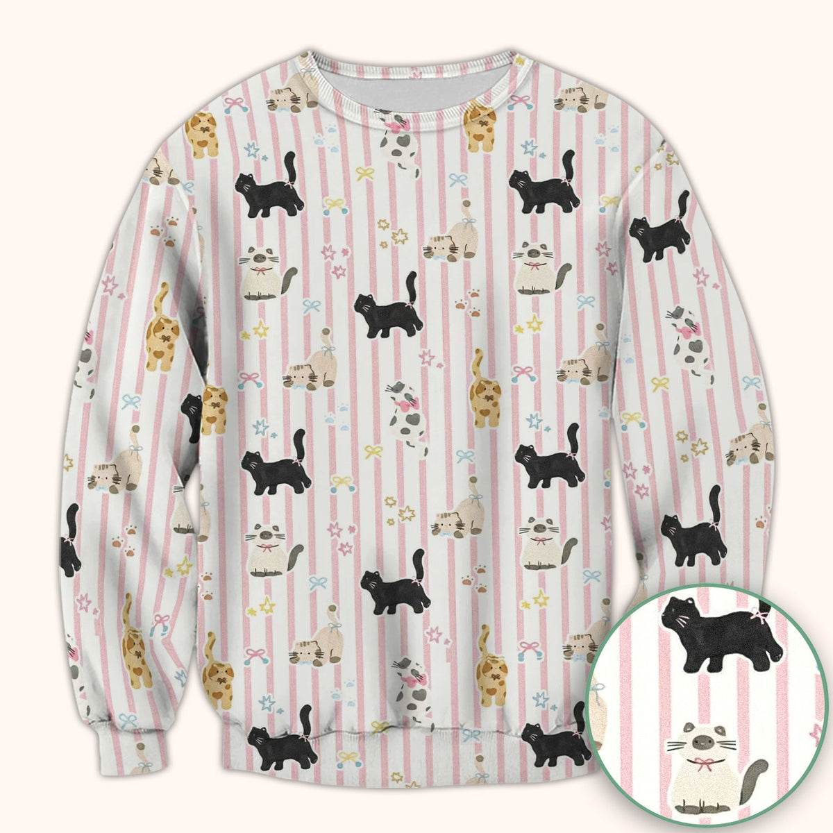 Playful Cat Stripe Ribbon Nurse Scrub Top