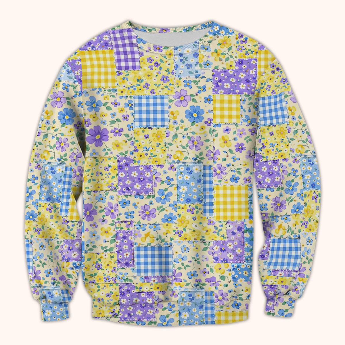 Cute Floral Patchwork Gingham Pattern Scrub Top, Breathable Fabrics Nursing Uniform