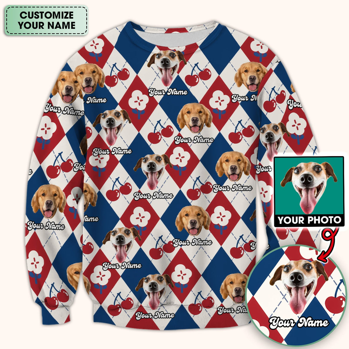 Dog Face Cherry Argyle Nurse Scrub Top