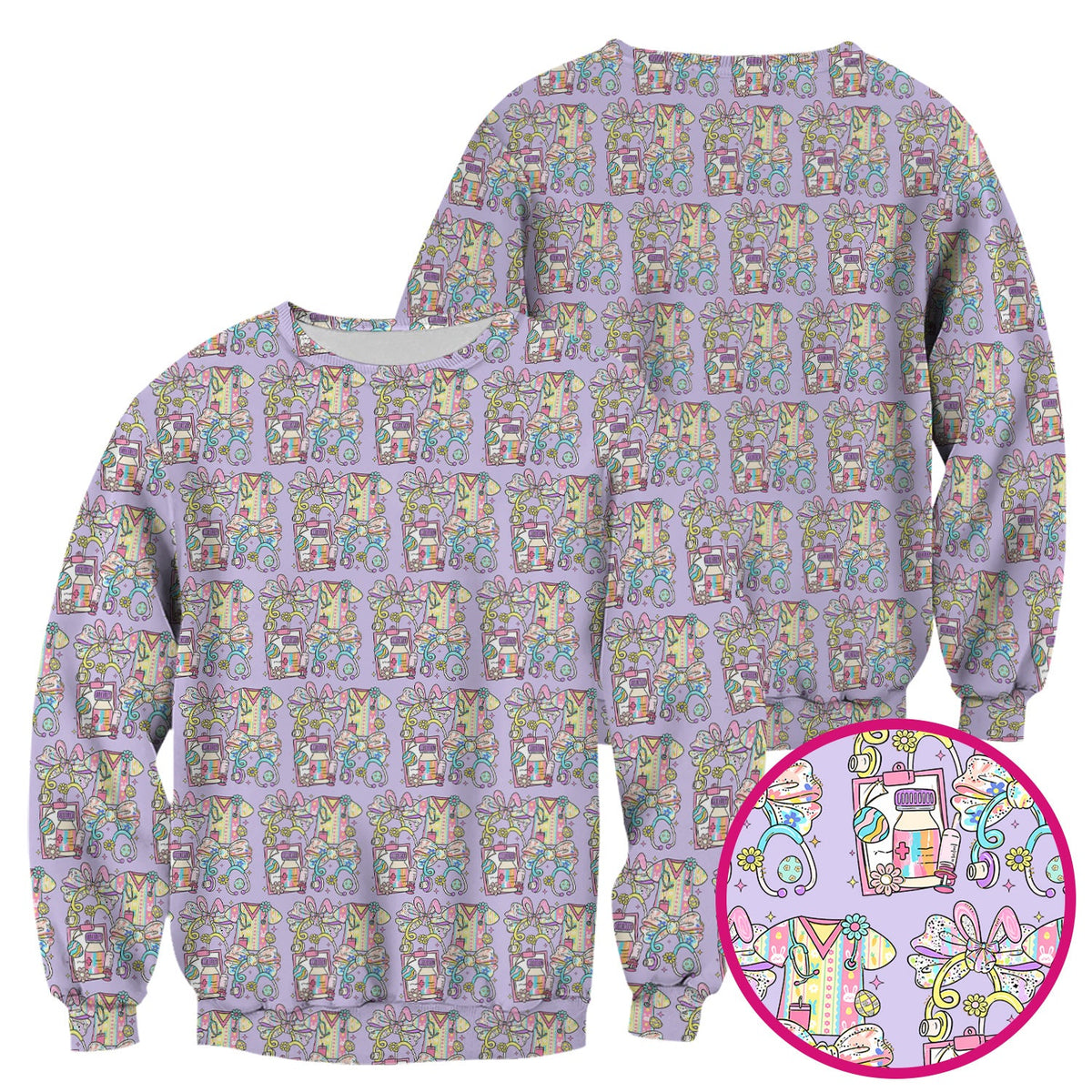 Colorful Nurse Scrub Supplies Pattern Scrub Top, Breathable Fabrics Nursing Uniform