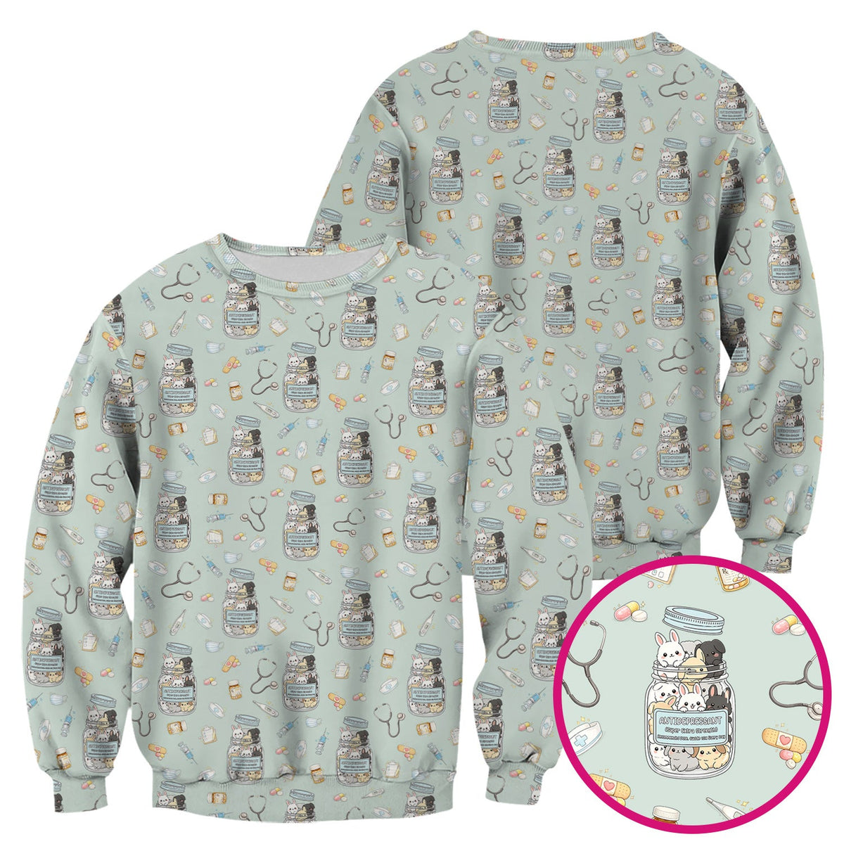 Whimsical Antidepressant Rabbit Jar Nurse Scrub Top