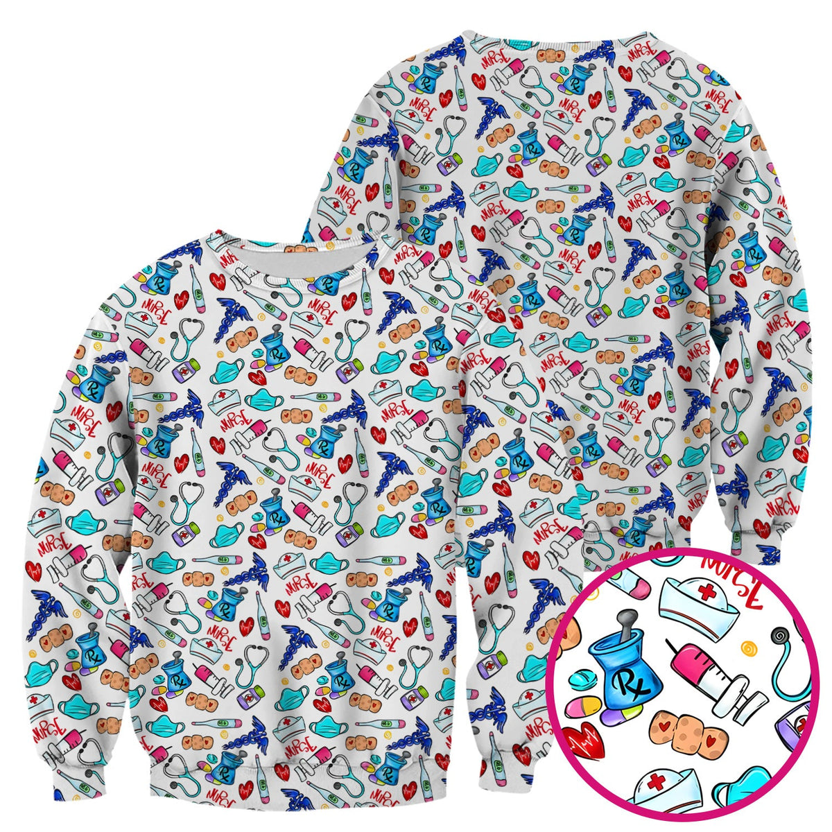 Nurse Medical Icons Stethoscope Heart Pattern Scrub Top, Comfortable Scrubs for Nurses