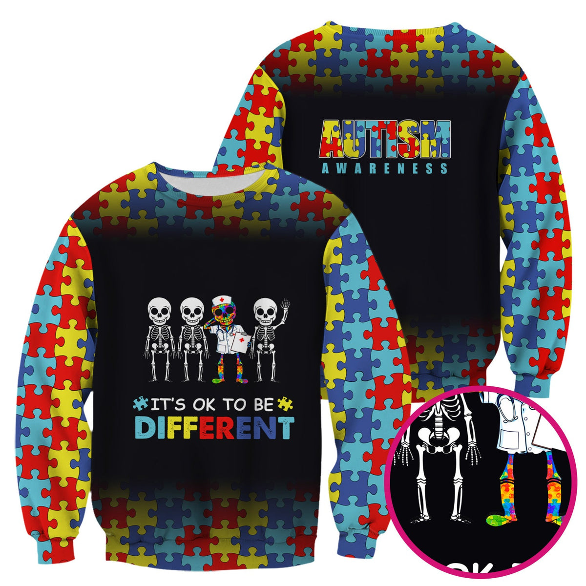 Autism Puzzle Skeleton It's OK To Be Different Nurse Scrub Top