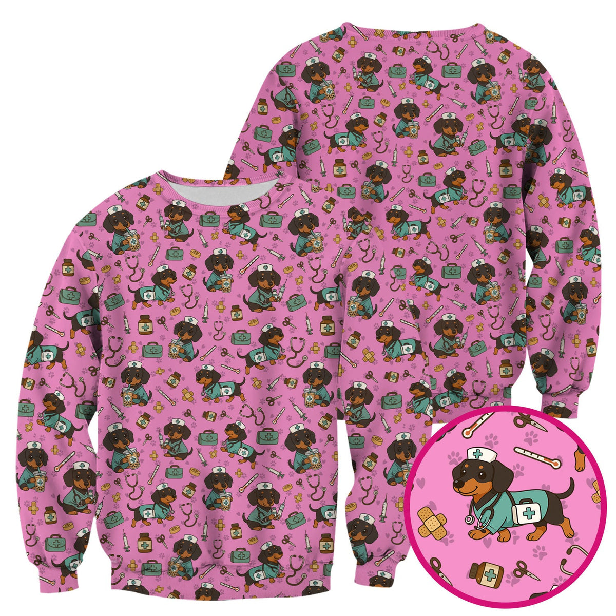 Funny Dachshund Nurse Scrubs - Cute Dog Print Medical Shirt - Holiday Nurse Scrub Top Gift for RN CNA Doctor, Women & Men